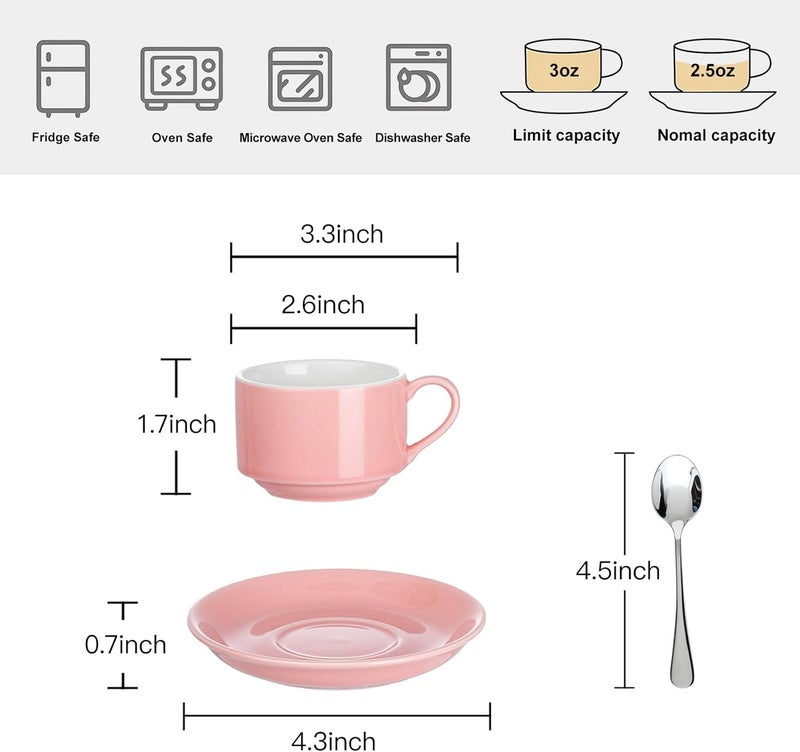 Meichu Stackable Espresso Cups and Saucers Set with Stainless Steel Spoons for 4 25oz Ceramic Demitasse Cups Durable Porcelain Coffee Cups for Hot Drinks Tea GiftsPink - Image 2