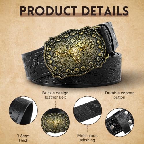GUSTAVE® Belts for Men Western Cowboy PU Leather Men Belt Waist Strap Bull Decoration Floral Engraved for Jeans 120cm/47in - Image 4