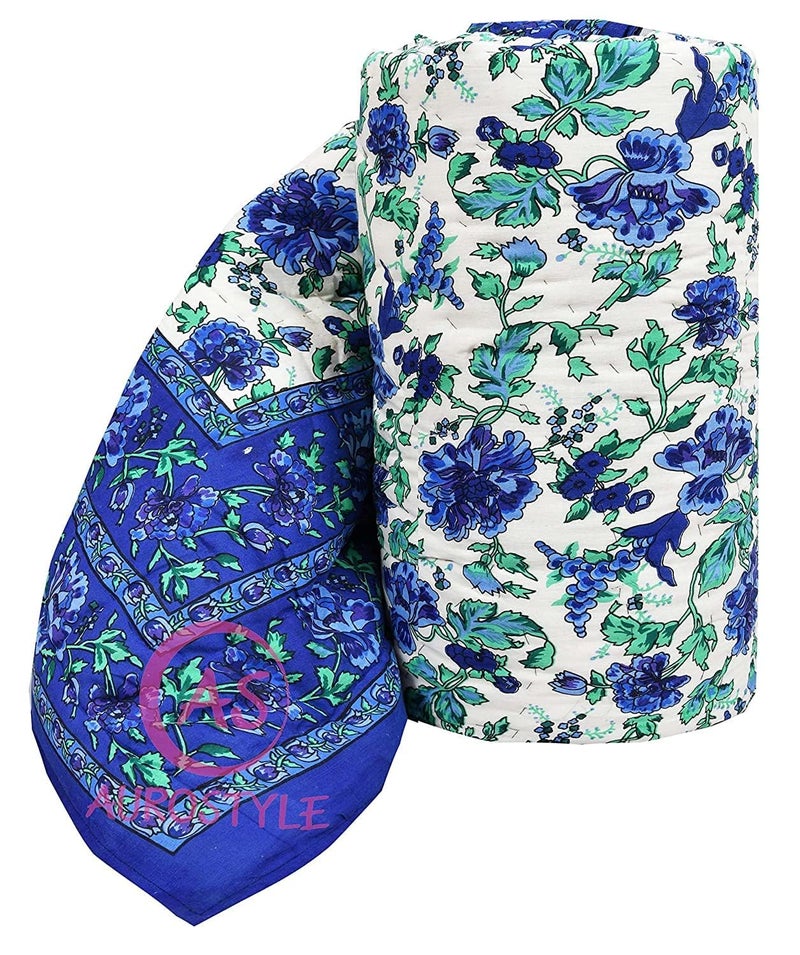 AUROSTYLE 400 TC Pure Cotton Jaipuri Quilt with Traditional Rajasthani Floral Design & Gold Print | Lightweight Rajai for Winter & Summer (MultiColor-409, Single Bed-90 x 60 Inch) - Image 2