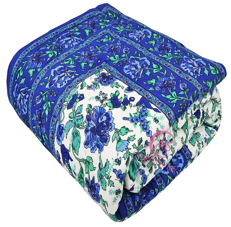 AUROSTYLE 400 TC Pure Cotton Jaipuri Quilt with Traditional Rajasthani Floral Design & Gold Print | Lightweight Rajai for Winter & Summer (MultiColor-409, Single Bed-90 x 60 Inch) - Image 1