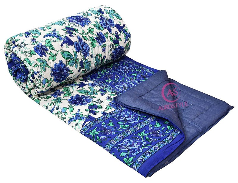 AUROSTYLE 400 TC Pure Cotton Jaipuri Quilt with Traditional Rajasthani Floral Design & Gold Print | Lightweight Rajai for Winter & Summer (MultiColor-409, Single Bed-90 x 60 Inch) - Image 3