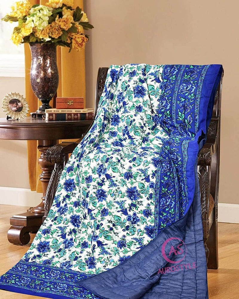 AUROSTYLE 400 TC Pure Cotton Jaipuri Quilt with Traditional Rajasthani Floral Design & Gold Print | Lightweight Rajai for Winter & Summer (MultiColor-409, Single Bed-90 x 60 Inch) - Image 4