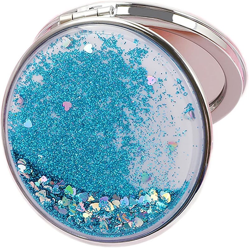 HSYHERE Creative Quicksand Double-Sided Portable Compact Foldable Fashion Hand Mirror - Travel Pocket Makeup Mirror (Round-Blue)
