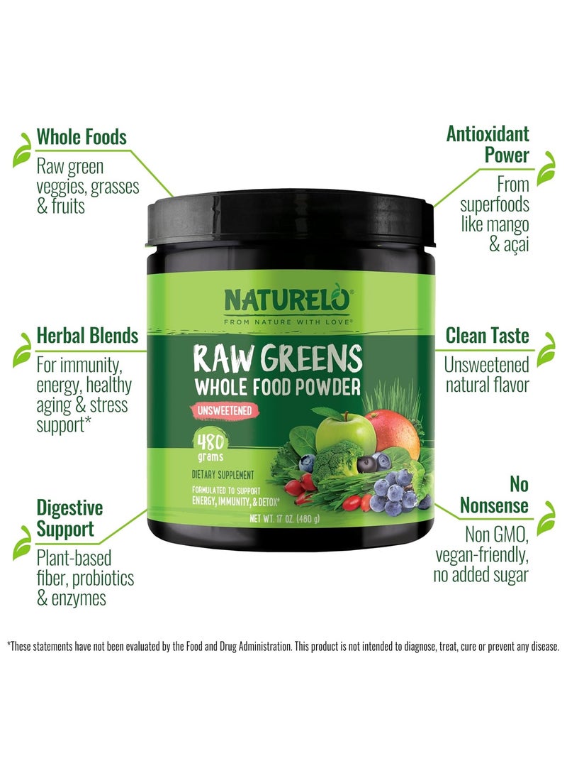 NATURELO - Raw Greens Whole Food Powder Unsweetened, Supports Energy, Immunity, & Detox, Dietary Supplement , NET WT 17Oz (480 g) - Image 1