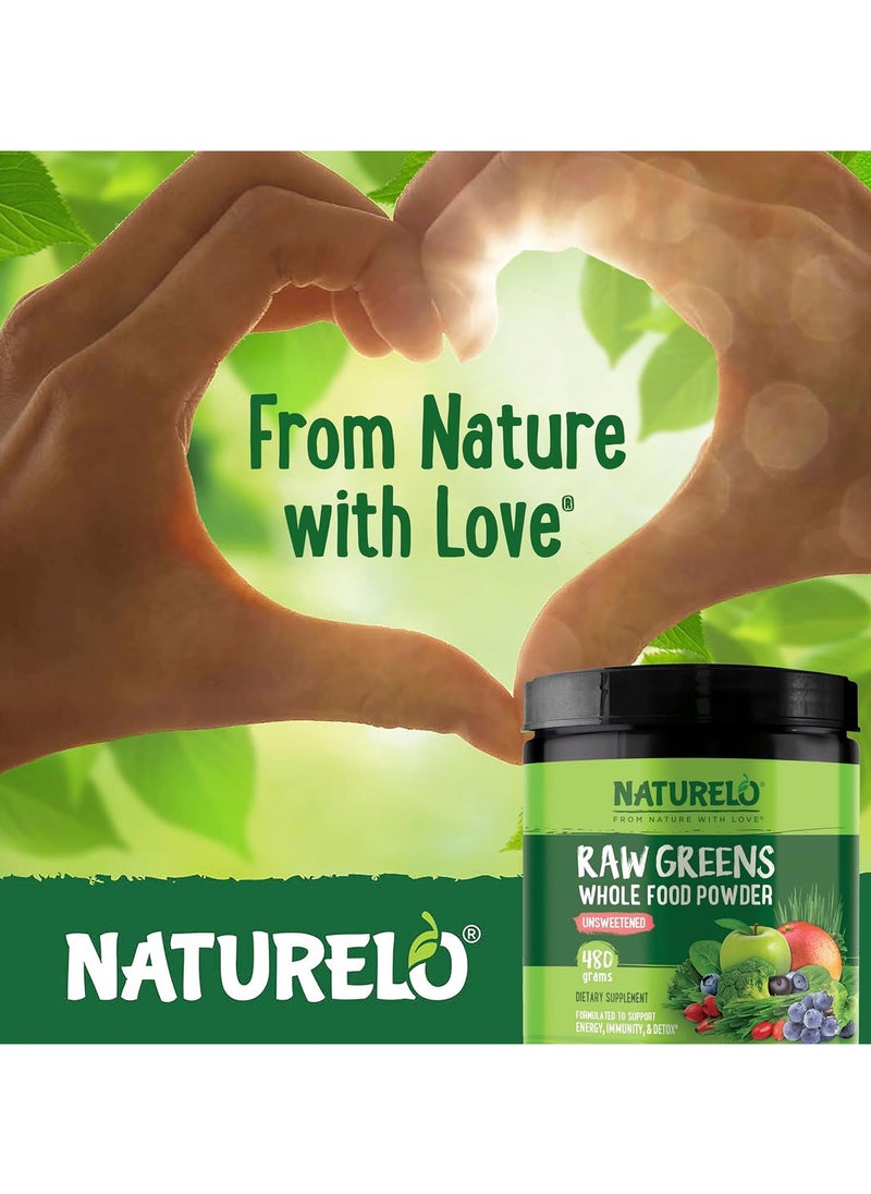 NATURELO - Raw Greens Whole Food Powder Unsweetened, Supports Energy, Immunity, & Detox, Dietary Supplement , NET WT 17Oz (480 g) - Image 1
