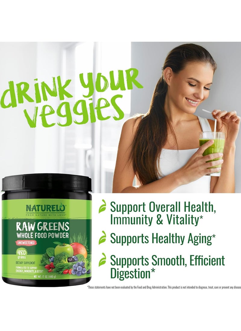 NATURELO - Raw Greens Whole Food Powder Unsweetened, Supports Energy, Immunity, & Detox, Dietary Supplement , NET WT 17Oz (480 g) - Image 1