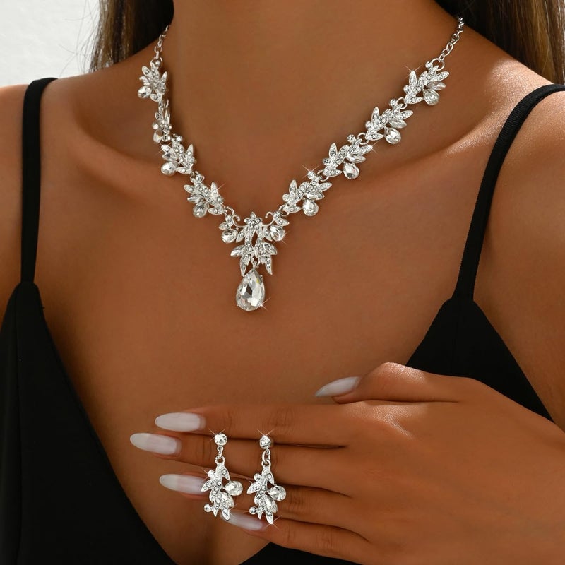 ANGLEQUEEN Silver Prom Jewelry Wedding Shine Brightly Prom Costume Brides Necklace Earring Bracelet Set Bridesmaid Dainty Rhinestone Jewelry Party Accessorie (A-Silver) - Image 3
