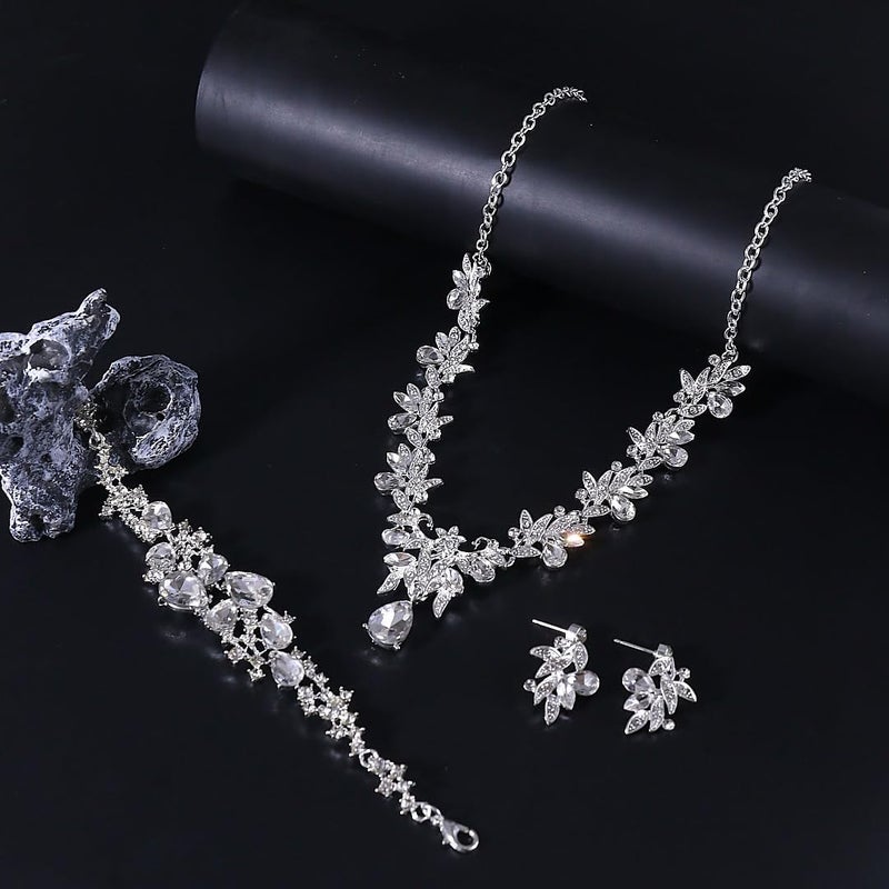 ANGLEQUEEN Silver Prom Jewelry Wedding Shine Brightly Prom Costume Brides Necklace Earring Bracelet Set Bridesmaid Dainty Rhinestone Jewelry Party Accessorie (A-Silver) - Image 5