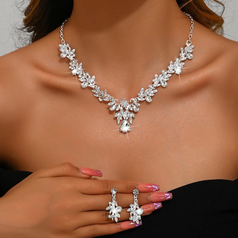 ANGLEQUEEN Silver Prom Jewelry Wedding Shine Brightly Prom Costume Brides Necklace Earring Bracelet Set Bridesmaid Dainty Rhinestone Jewelry Party Accessorie (A-Silver) - Image 2