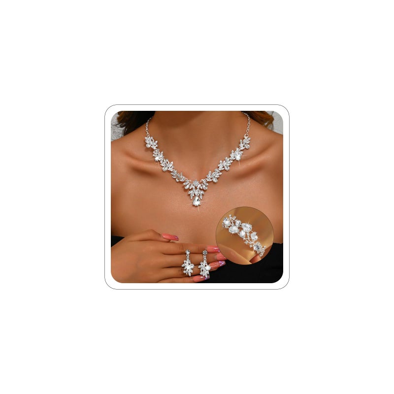ANGLEQUEEN Silver Prom Jewelry Wedding Shine Brightly Prom Costume Brides Necklace Earring Bracelet Set Bridesmaid Dainty Rhinestone Jewelry Party Accessorie (A-Silver) - Image 1