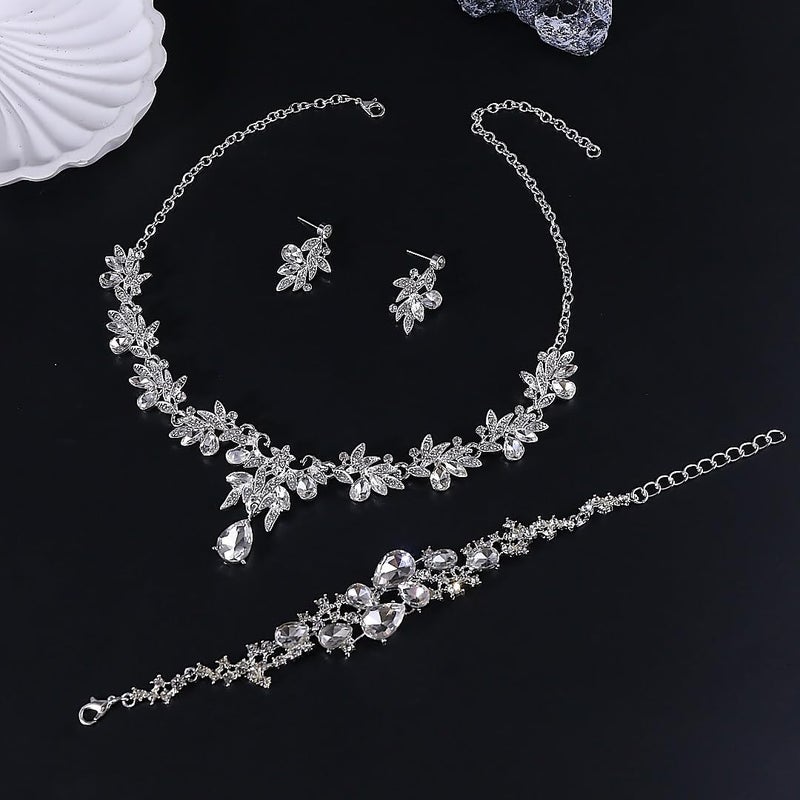 ANGLEQUEEN Silver Prom Jewelry Wedding Shine Brightly Prom Costume Brides Necklace Earring Bracelet Set Bridesmaid Dainty Rhinestone Jewelry Party Accessorie (A-Silver) - Image 4