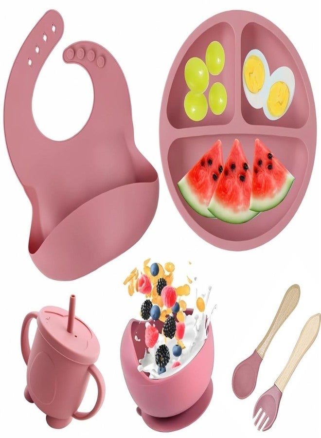 MOSHTU Silicone Baby Feeding Set 6 Pieces — Suction Plate, Bowl, Bib, Spoon, Fork & Training Cup — BPA Free Non Toxic Microwave Dishwasher Safe — Self Feeding Tableware for Toddlers & Infants - Image 1