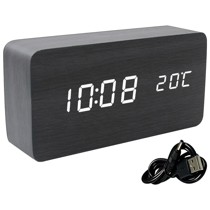Digital Wall Clock Atomic Time Temperature USB Battery Powered Black Wood Modern Design - Image 2