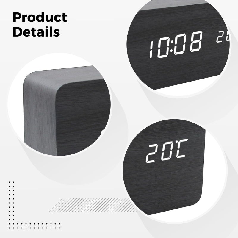 Digital Wall Clock Atomic Time Temperature USB Battery Powered Black Wood Modern Design - Image 3