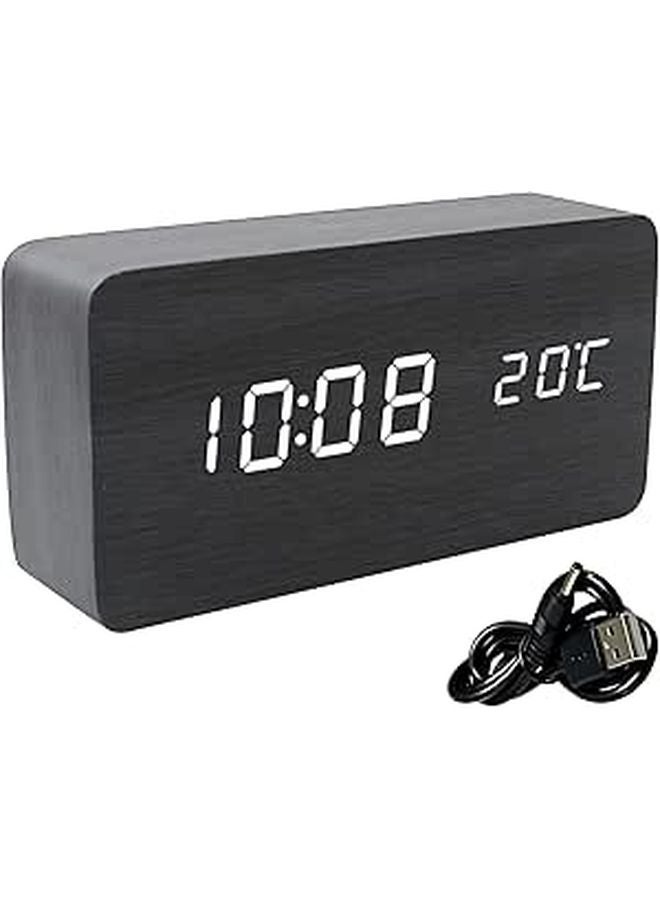 Digital Wall Clock Atomic Time Temperature USB Battery Powered Black Wood Modern Design - Image 1