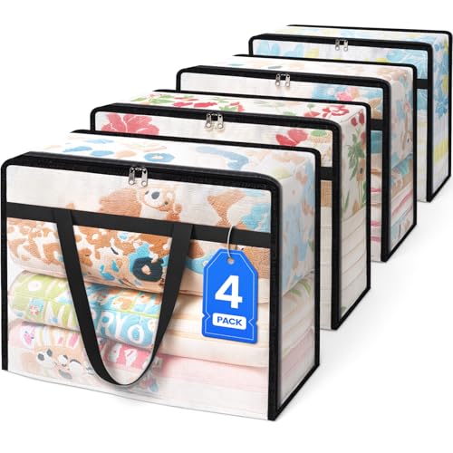 BlissTotes 4 Pack Clear Clothes Storage Bags Moving Bags Foldable Blanket Storage Under Bed Storage Containers with Sturdy Zipper and Handle for Clothing Comforter Bedding Sheet 60L - Image 1