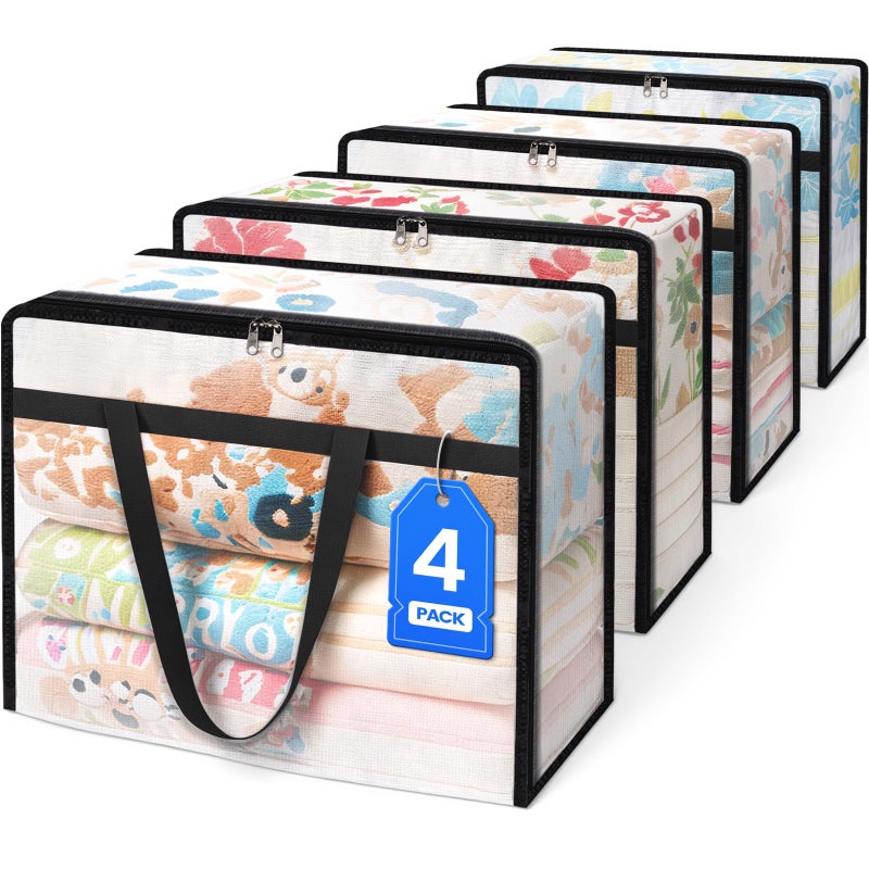 BlissTotes 4 Pack Clear Clothes Storage Bags Moving Bags Foldable Blanket Storage Under Bed Storage Containers with Sturdy Zipper and Handle for Clothing Comforter Bedding Sheet 60L - Image 2
