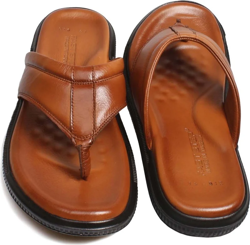 فاست ستيب Men's Genuine Leather Daily Comfortable Summer Beach Light Striped Flip Flops 018mag-316