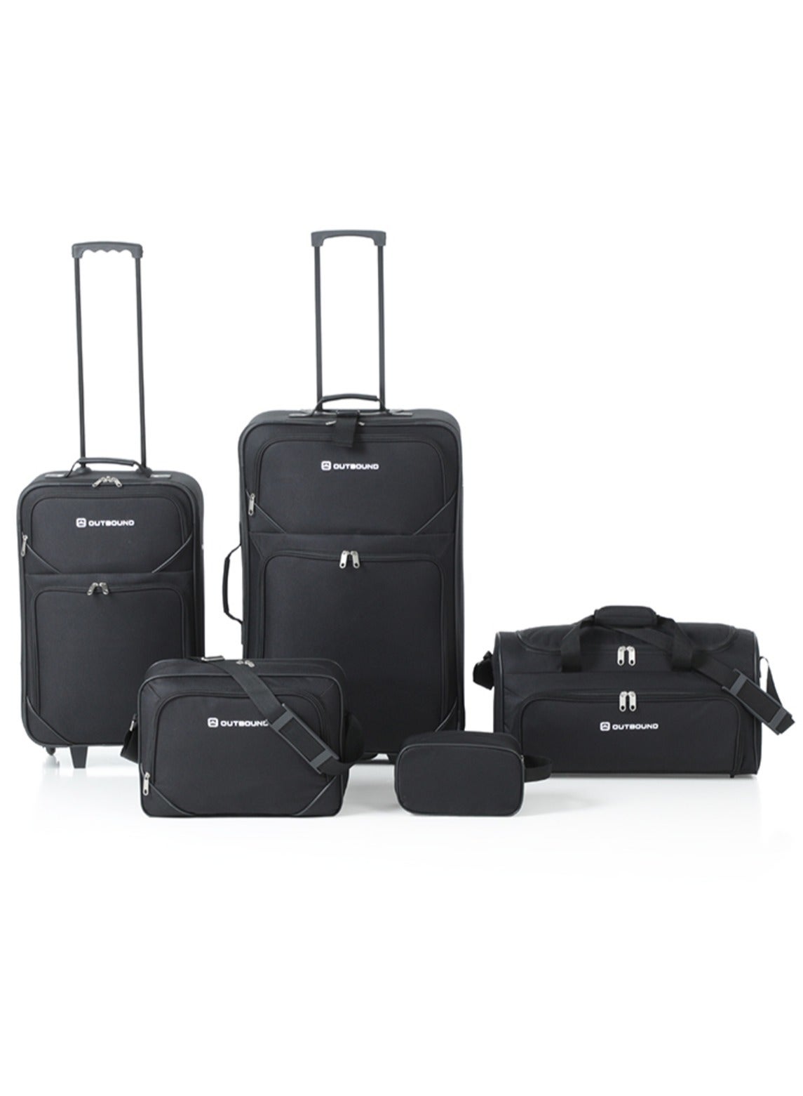 5-Piece Soft case Travel Luggage Set, Includes 26" & 21" Upright Suitcases, Duffel Bag, Boarding Tote & Toiletry Kit, Durable Polyester Construction - Black