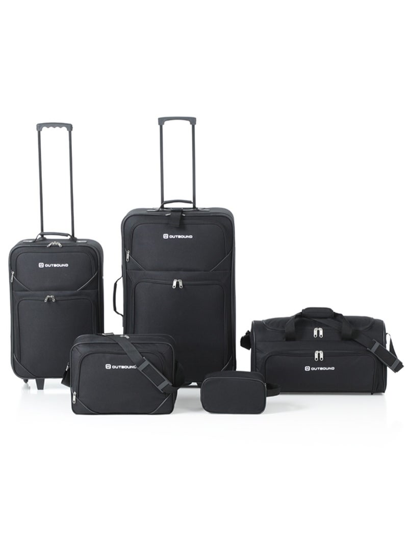 OUTBOUND 5-Piece Soft case Travel Luggage Set, Includes 26" & 21" Upright Suitcases, Duffel Bag, Boarding Tote & Toiletry Kit, Durable Polyester Construction - Black - Image 1