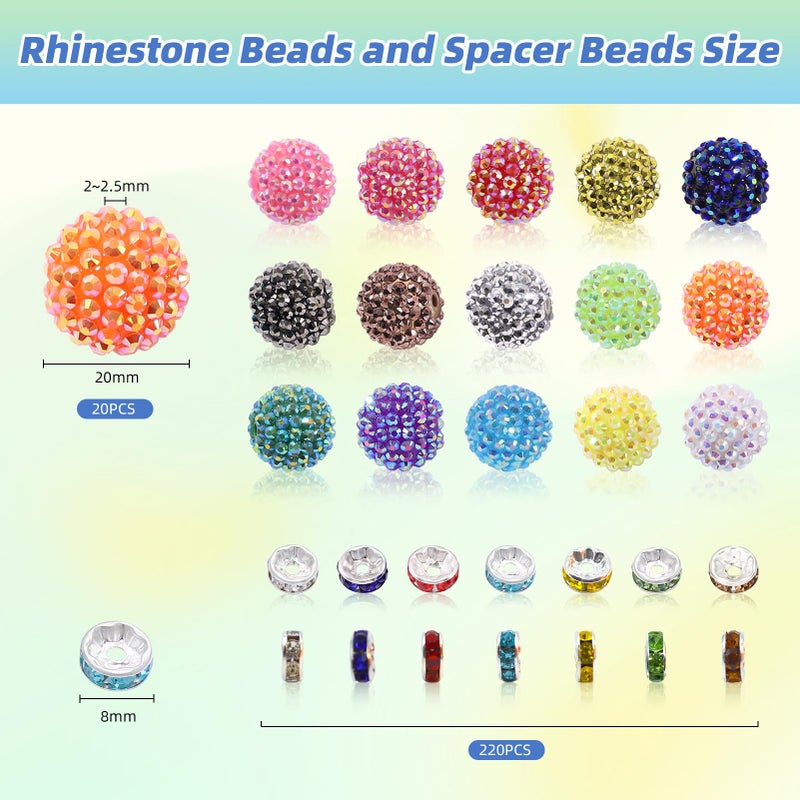 DASTTUIS 20mm Beads for Pens - 20 Pcs Rhinestone Beads and 220 Pcs Spacer Bead for Beadable Pens - Glitter Acrylic Bubblegum Round Bling Focal Bead for Bracelets - Beaded Pen Supplies (Colorful) - Image 2