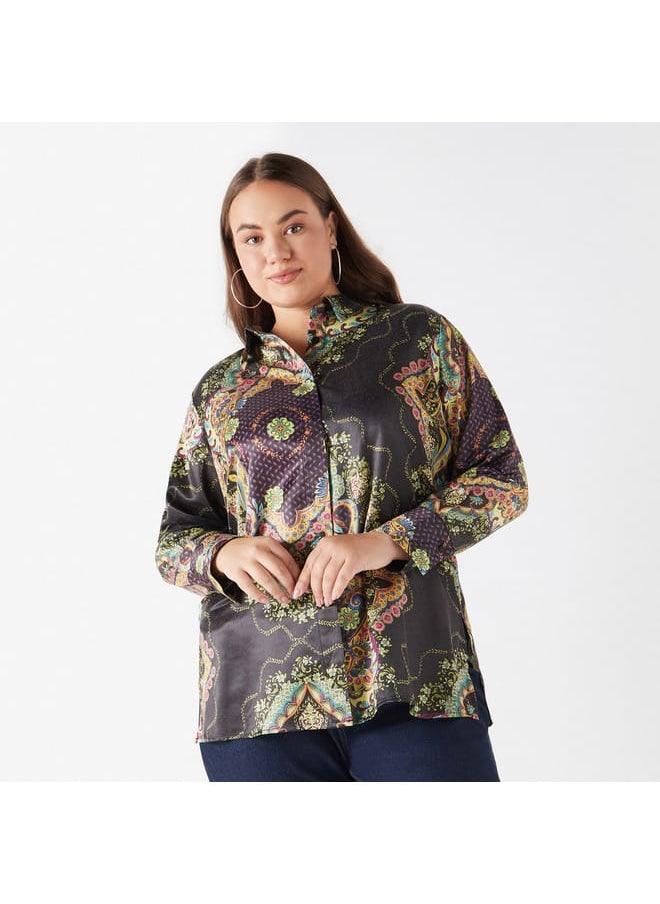 Ulla Popken Plus Size Ulla Popken Printed Shirt with Collar and Long Sleeves  - Image 1