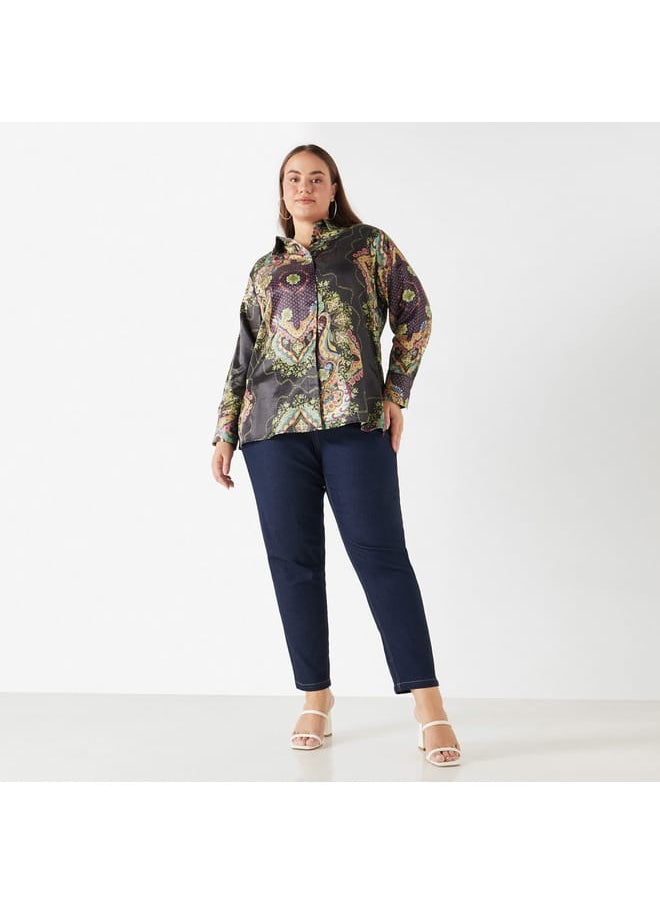 Ulla Popken Plus Size Ulla Popken Printed Shirt with Collar and Long Sleeves  - Image 2