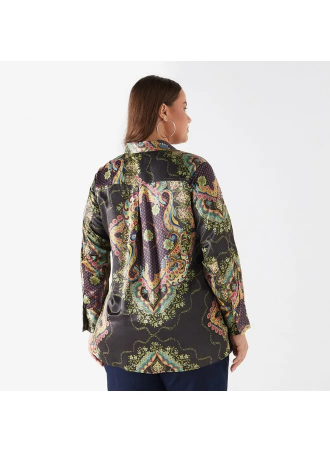 Ulla Popken Plus Size Ulla Popken Printed Shirt with Collar and Long Sleeves