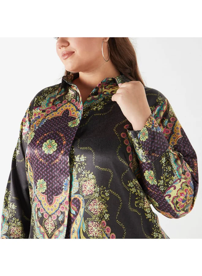 Ulla Popken Plus Size Ulla Popken Printed Shirt with Collar and Long Sleeves