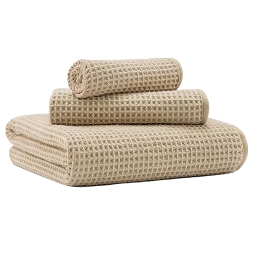MICROFI Microfiber Waffle Bath Towels 3 Pieces Oversized Soft Absorbent Fast Drying Lint Free Includes Bath Face and Hand Towels 430 GSM - Image 1