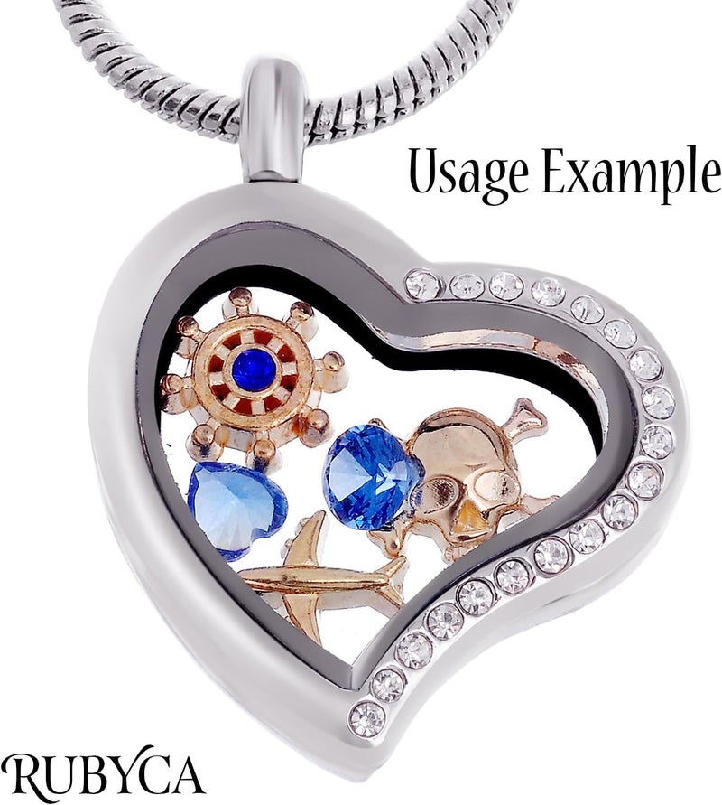 RUBYCA Living Memory Floating Charm Heart Glass Locket Pendant Necklace 20 Inches 5pcs Silver Color - Image 3