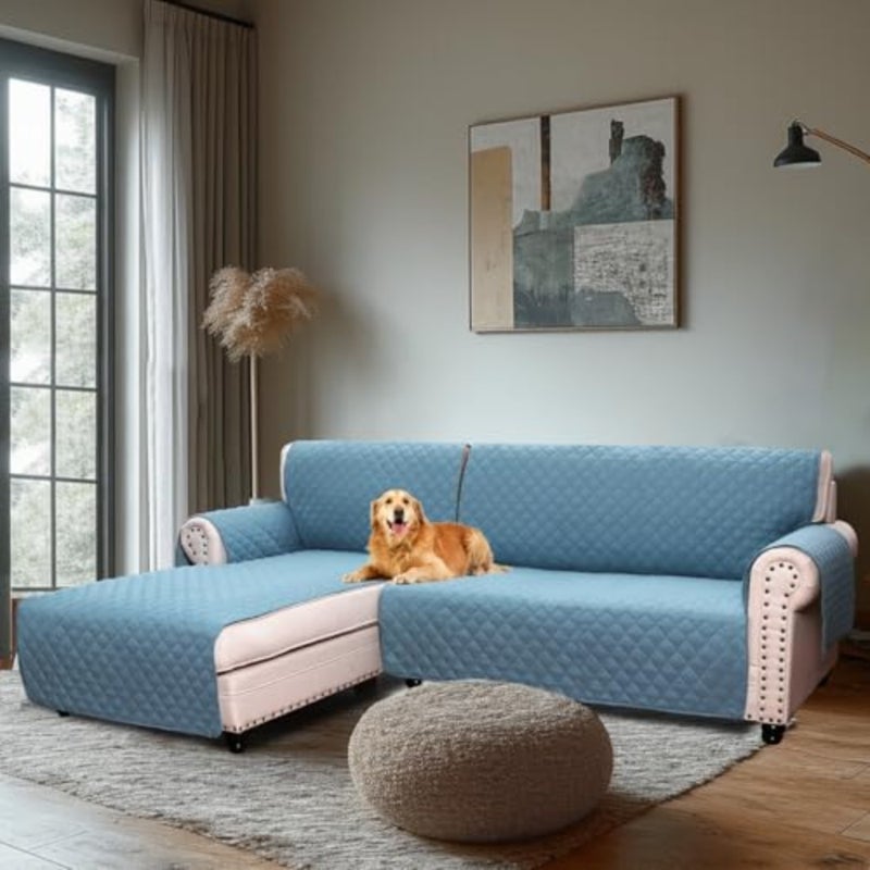 L shaped Couch Cover for Sectional Sofa, Sofa Covers 3 Seater for Living Room left Chaise Lounge Cover + 3 Seat Sofa Cover, Blue - Image 1