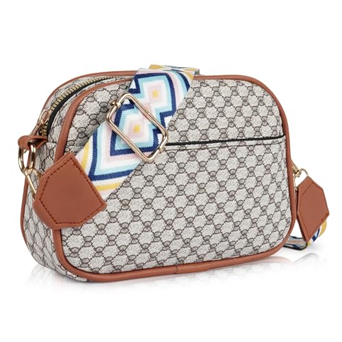DANIEL CLARK Geometric Print Crossbody sling Bag with Adjustable Multicolor Strap (Beige & Brown) - Image 1