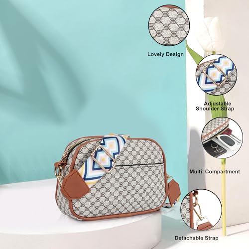 DANIEL CLARK Geometric Print Crossbody sling Bag with Adjustable Multicolor Strap (Beige & Brown) - Image 2