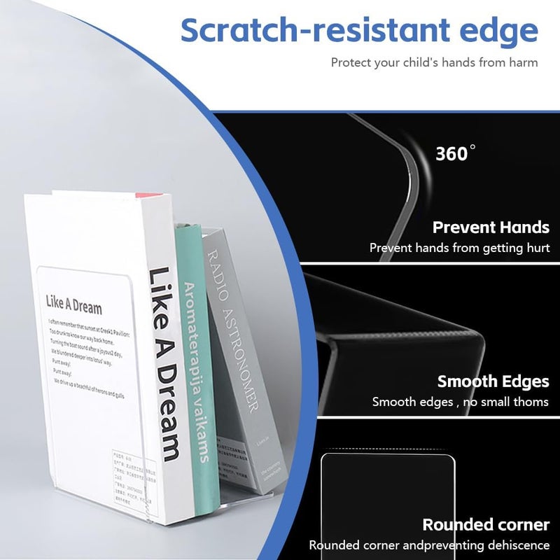 OneNine Bookends, 6Pcs Clear Acrylic Book Ends For Shelves Home Office Library School Supplies, Premium Plastic Book Shelf Holder Book Stopper Desktop Organizer Bookshelf Decor For Books Movies Cds - Image 3