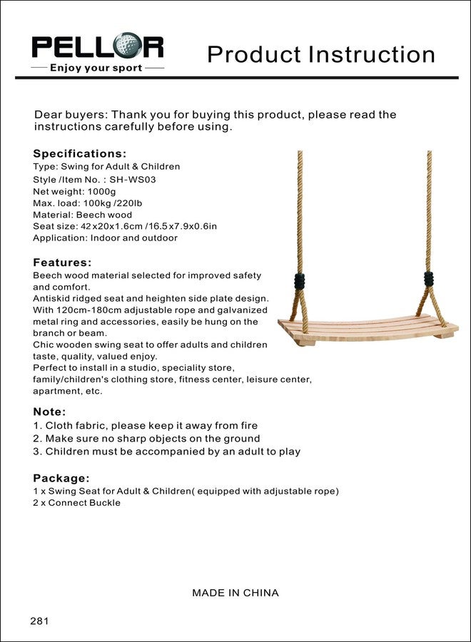 Pellor Wood Tree Swing Seat,Indoor Outdoor Rope Wooden Swing Set for Children Adult Kids (Burlywood) - Image 5