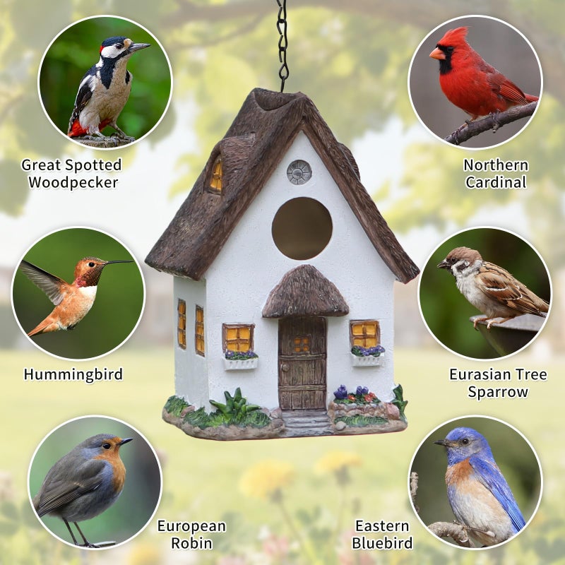 MINWOLF Bird Houses for Outside Rustic Cottage Birdhouse with Thatch Roof â€“ Hand-Painted Resin Birdhouses for Outdoors for Bluebird Finches Cardinals Bird Nesting Garden, Patio, Yard - Image 2