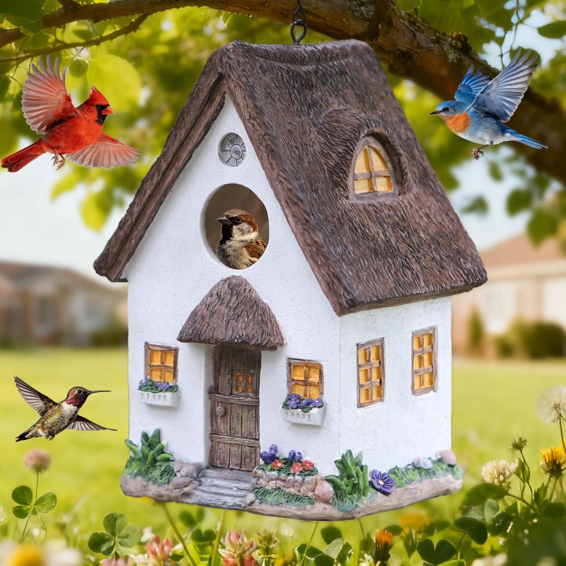 MINWOLF Bird Houses for Outside Rustic Cottage Birdhouse with Thatch Roof â€“ Hand-Painted Resin Birdhouses for Outdoors for Bluebird Finches Cardinals Bird Nesting Garden, Patio, Yard - Image 1
