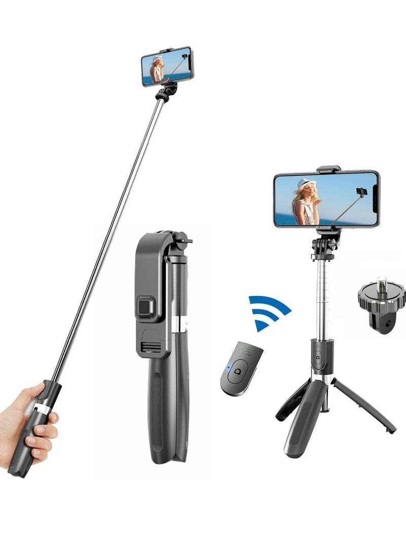إلترازون Selfie Stick, Extendable Selfie Stick with Tripod Stand and Detachable Wireless Bluetooth Remote, Ultra Compact Selfie Stick for Mobile and All Smart Phones – Black - Image 1