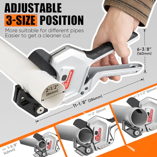 PINOZE PVC Pipe Cutter, 3-Gear Adjustable Cut up to 2-1/2”, Ratchet Pipe Cutter Tool Heavy-Duty for PVC, PPR, PE, PEX, Plastic Hoses & Plumbing Pipes with Teflon Coated SK5 Blade - Image 2