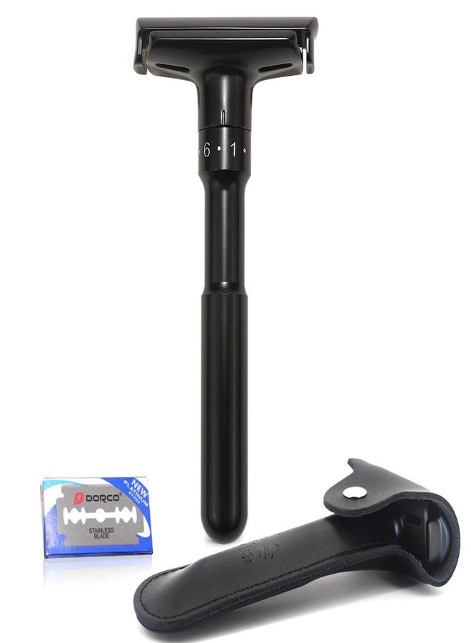 River Lake Adjustable Safety razor double edge razor Classic Safety razor, Matte black coating.RZ700 (1 Razor, 1 Leather Protective Sleeve & 10 pcs Titanium Coated Blades - Image 1
