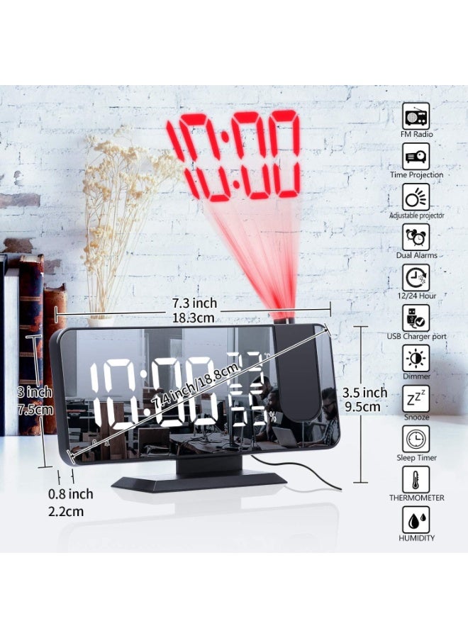 TRASSLE Projection Alarm Clock for Bedrooms Ceiling, Alarm Clock Radio with USB Charger Port, Temperature & Humidity Display, 7.3” Large LED Display,12/24H,Snooze,Dual Loud Alarm Clock (Black) - Image 3
