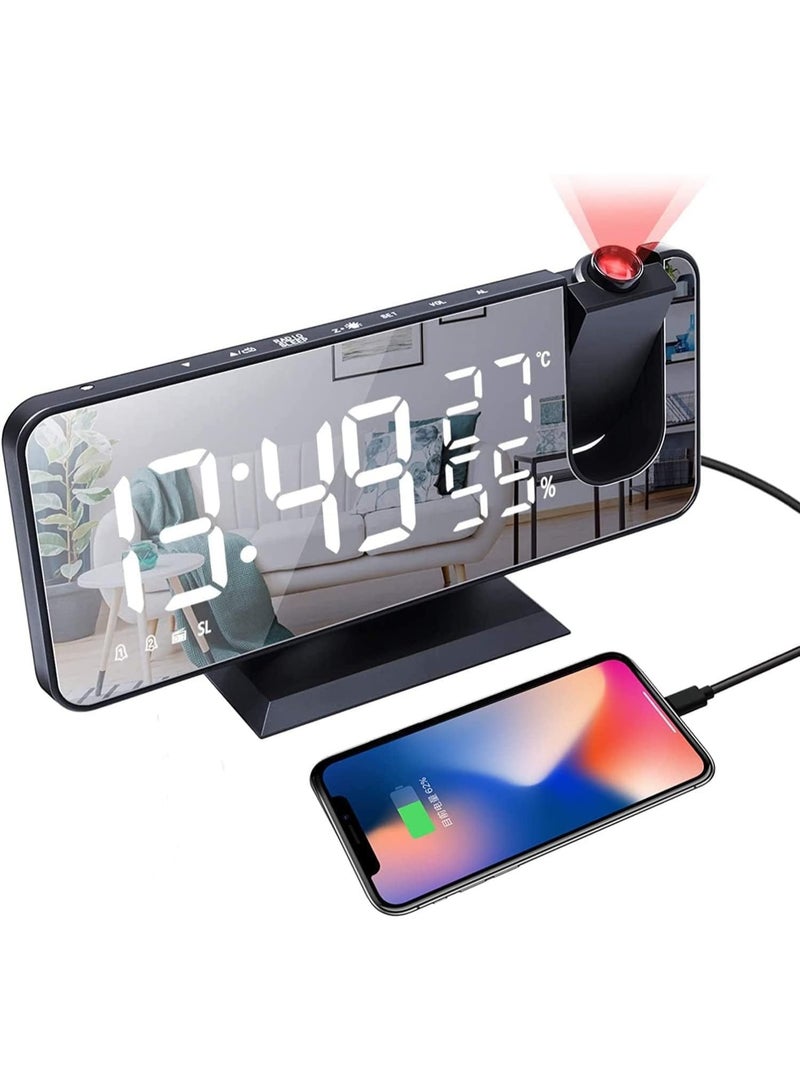 TRASSLE Projection Alarm Clock for Bedrooms Ceiling, Alarm Clock Radio with USB Charger Port, Temperature & Humidity Display, 7.3” Large LED Display,12/24H,Snooze,Dual Loud Alarm Clock (Black) - Image 1