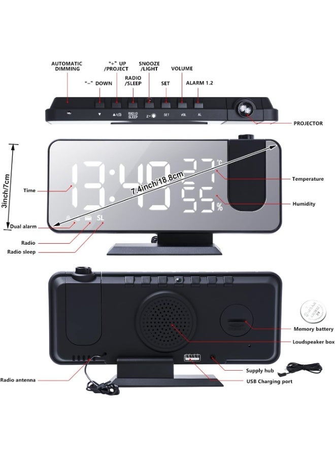 TRASSLE Projection Alarm Clock for Bedrooms Ceiling, Alarm Clock Radio with USB Charger Port, Temperature & Humidity Display, 7.3” Large LED Display,12/24H,Snooze,Dual Loud Alarm Clock (Black) - Image 4