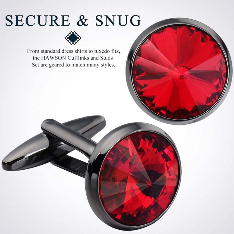 HAWSON Cufflink and Studs Tuxedo Set Silver Color with Austrian Crystals in Jet Hematite, Dark Blue, Crystal Grey,Purple, Green (Light Siam) - Image 4