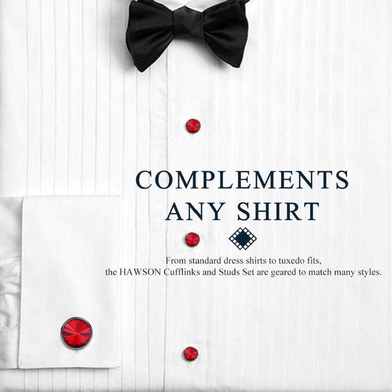 HAWSON Cufflink and Studs Tuxedo Set Silver Color with Austrian Crystals in Jet Hematite, Dark Blue, Crystal Grey,Purple, Green (Light Siam) - Image 3