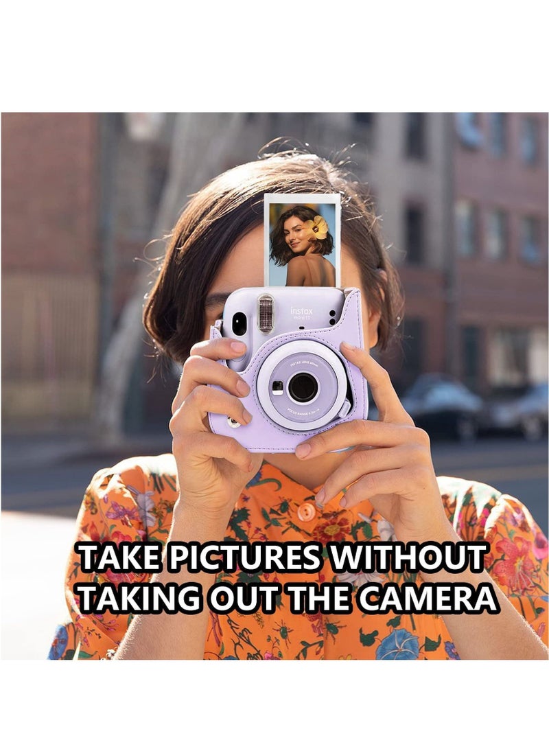 Protective Camera Case for Fujifilm Instax Mini 11 Instant Camera Bag/PU Leather Fashion Beautiful Painting Pattern Instax Camera Cover w/Removable Strap Pocket (Purple) - Image 4