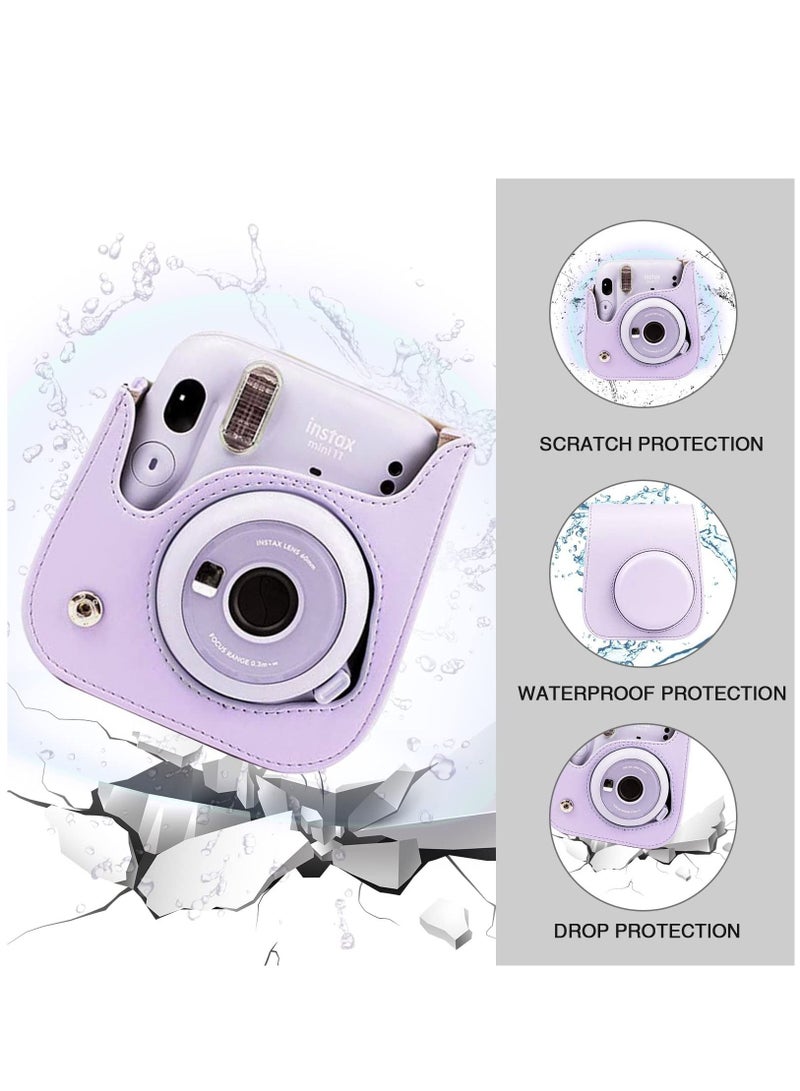 Protective Camera Case for Fujifilm Instax Mini 11 Instant Camera Bag/PU Leather Fashion Beautiful Painting Pattern Instax Camera Cover w/Removable Strap Pocket (Purple) - Image 5