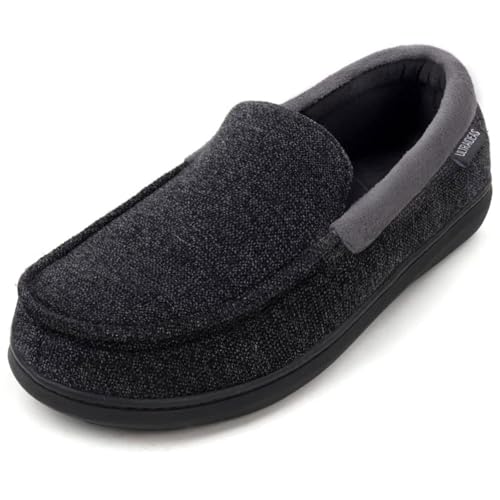 ULTRAIDEAS Men's Moc-Toe Slippers Loafer House Shoes Indoor Outdoor Memory Foam with Breathable&Warm Knit Upper, Black, 11 US - Image 1