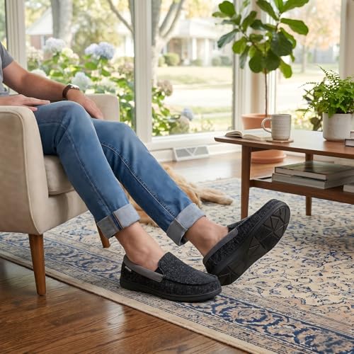 ULTRAIDEAS Men's Moc-Toe Slippers Loafer House Shoes Indoor Outdoor Memory Foam with Breathable&Warm Knit Upper, Black, 11 US - Image 2